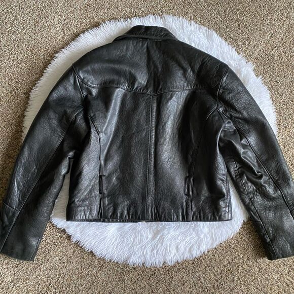 Express Genuine Leather Jacket Vintage Black Moto Y2K Womens Size Medium No Belt - Picture 2 of 11